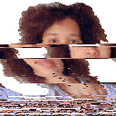 Cropped portrait of a person with brown skin and curly, black hair in a white shirt. The image is pixelated from compression, and the face and chest are horizontally shifted with glitch artifacts.