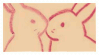 Stamp of orange, monochrome art of two bunnies touching noses