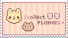 Stamp of pixel art of two, tiny animal heads and text reading, 'I collect plushies.'